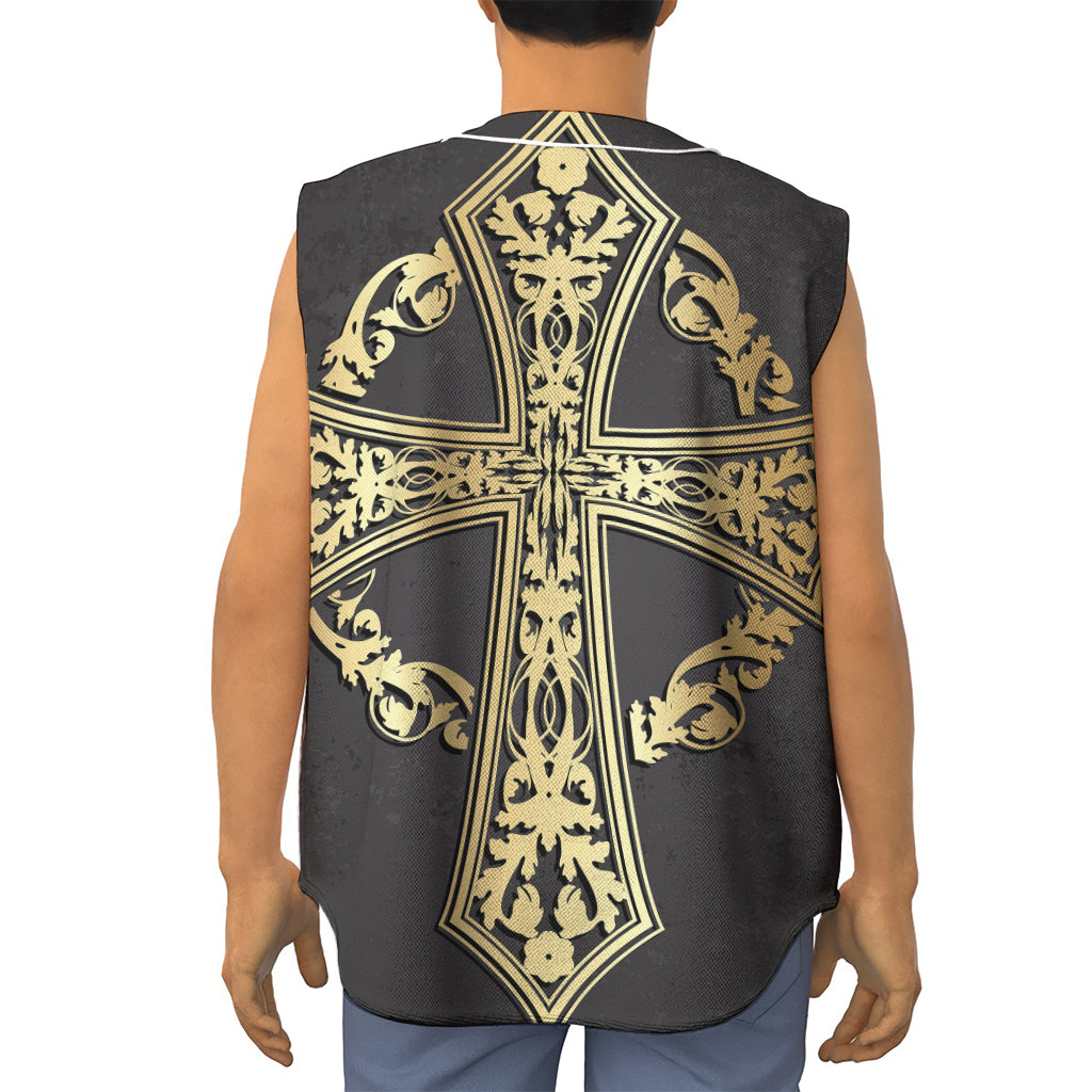 Ornamental Golden Cross Print Sleeveless Baseball Jersey