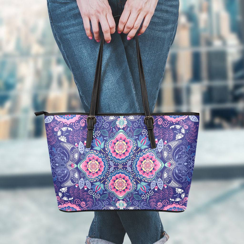 Ornamental Paisley Mandala Print Leather Tote Bag