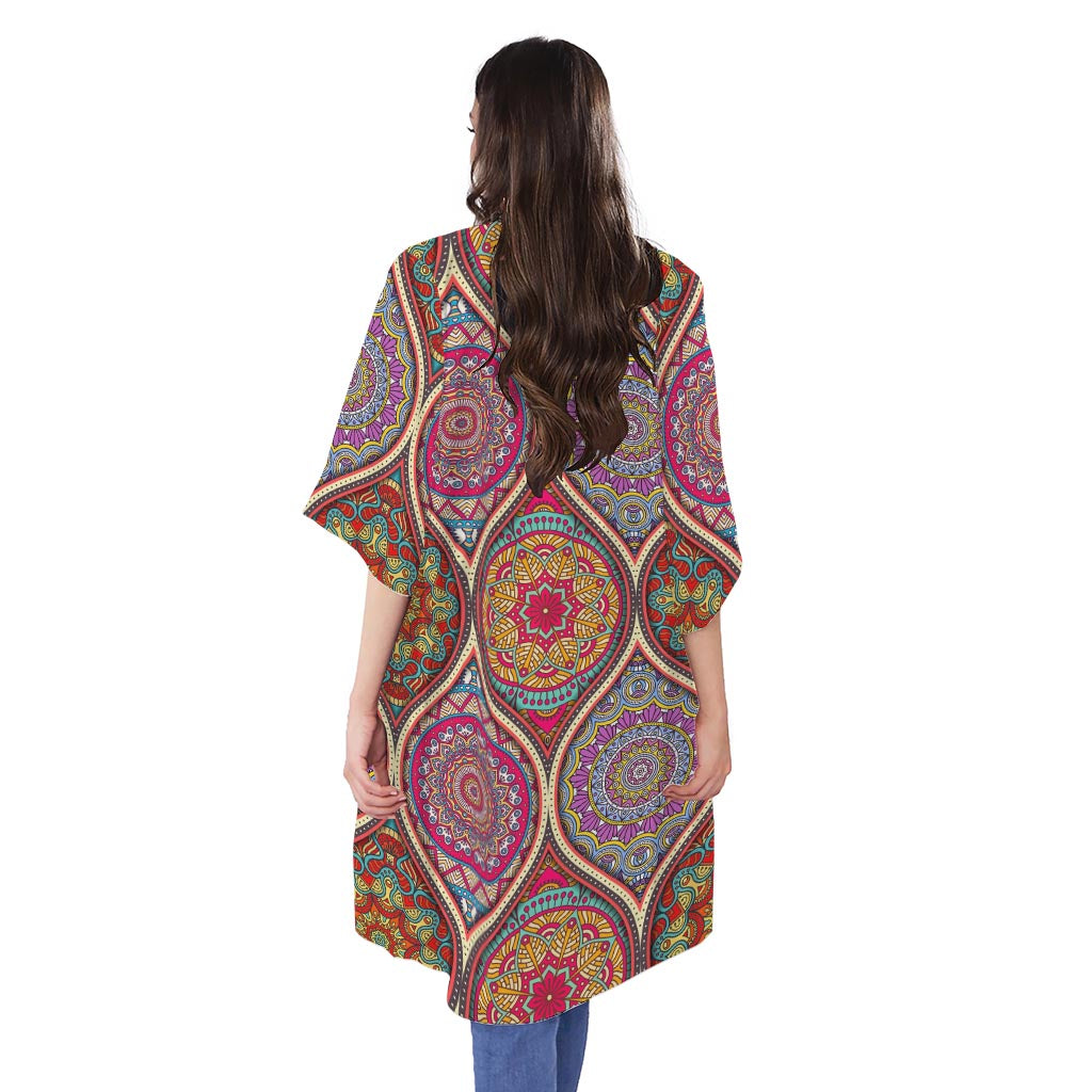 Oval Bohemian Mandala Patchwork Print Open Front Beach Cover Up