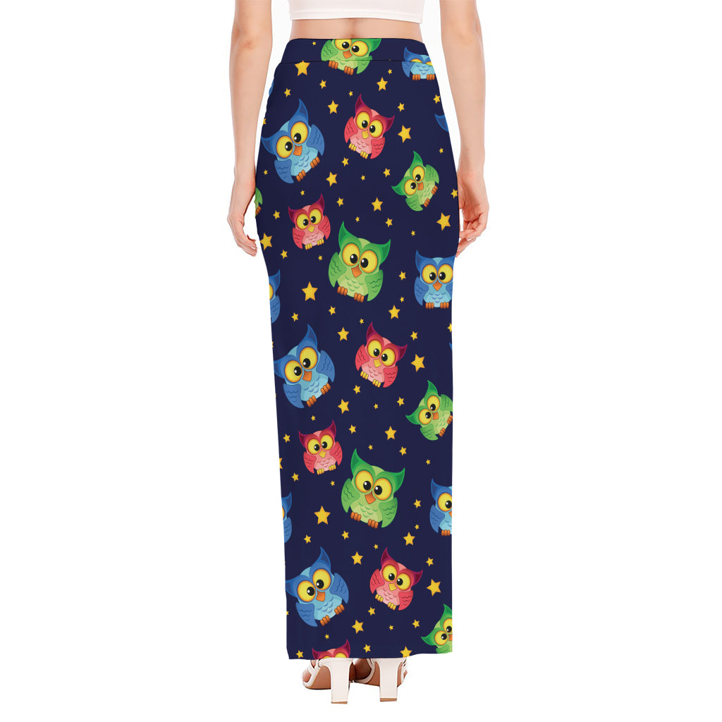 Owl And Star Pattern Print High Slit Maxi Skirt