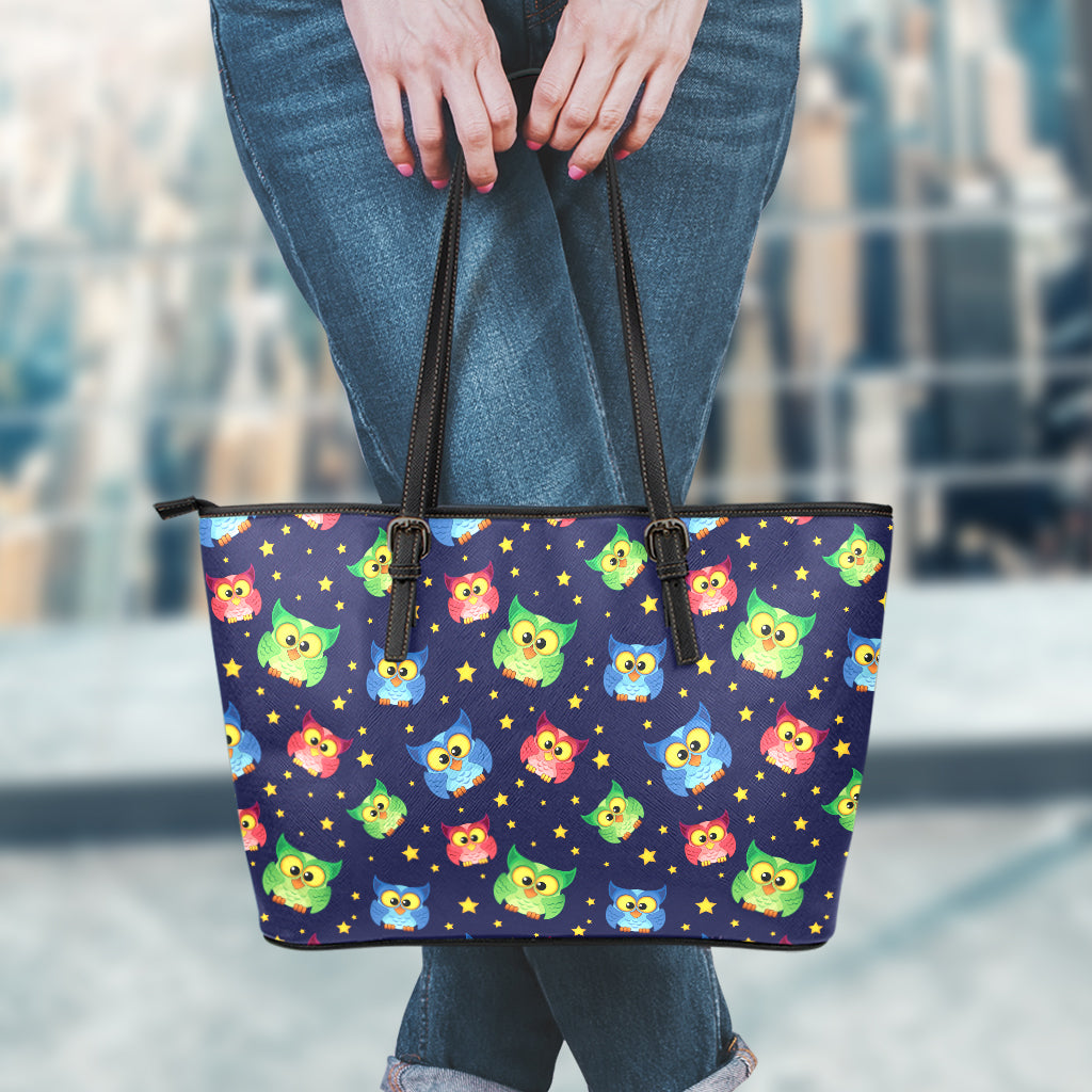 Owl And Star Pattern Print Leather Tote Bag