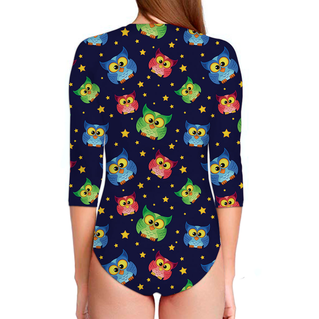 Owl And Star Pattern Print Long Sleeve Swimsuit