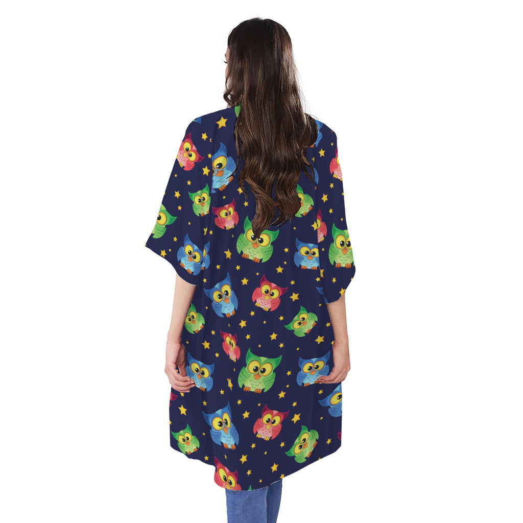 Owl And Star Pattern Print Open Front Beach Cover Up