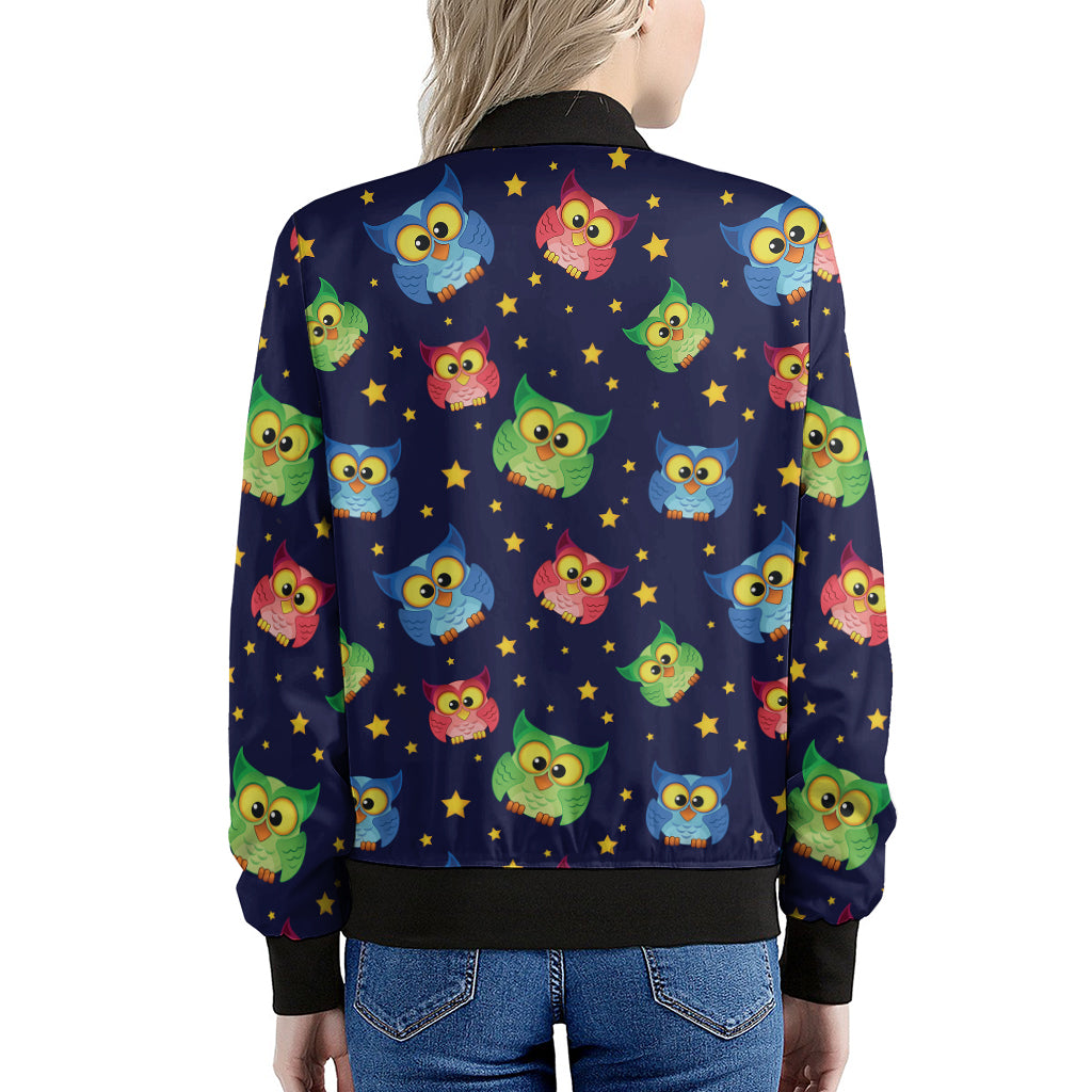 Owl And Star Pattern Print Women's Bomber Jacket