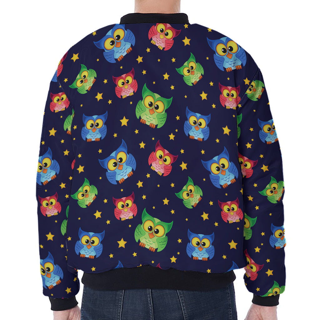 Owl And Star Pattern Print Zip Sleeve Bomber Jacket