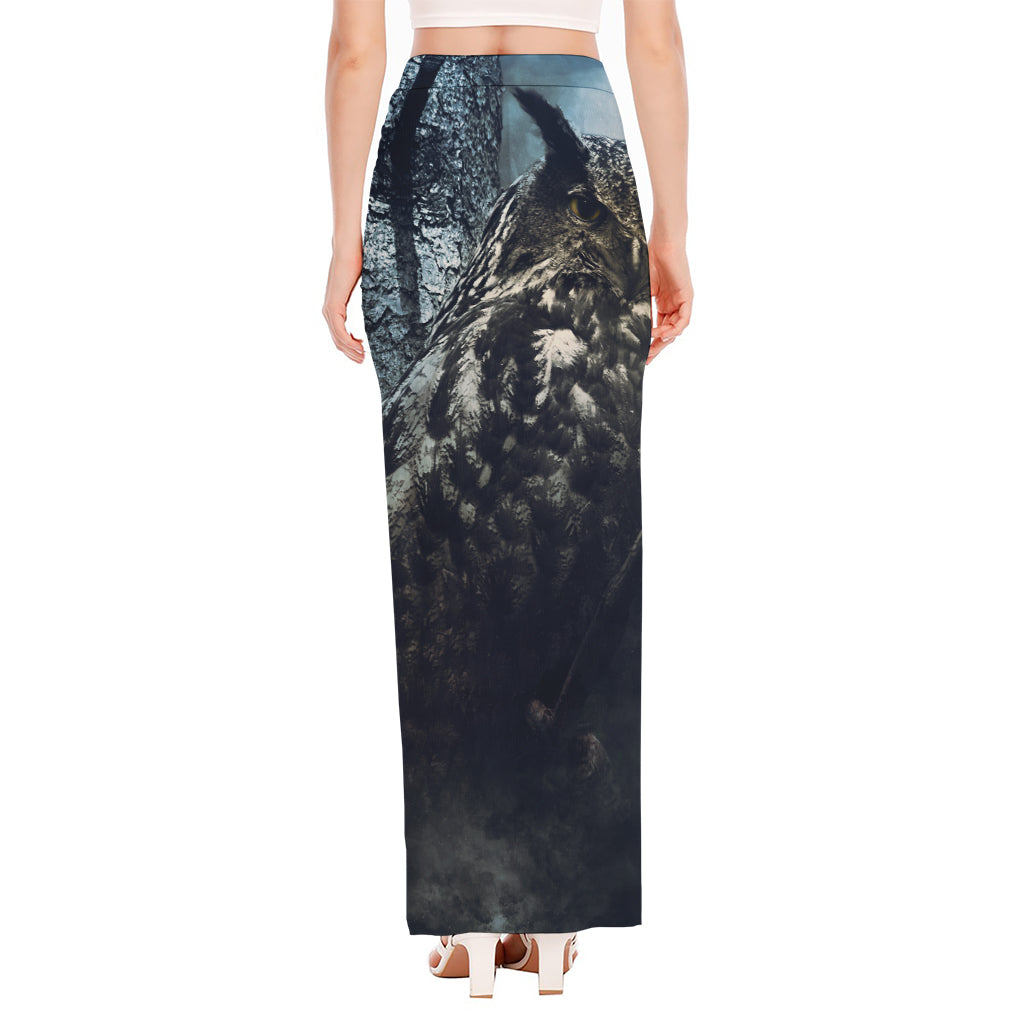 Owl At Night Print High Slit Maxi Skirt