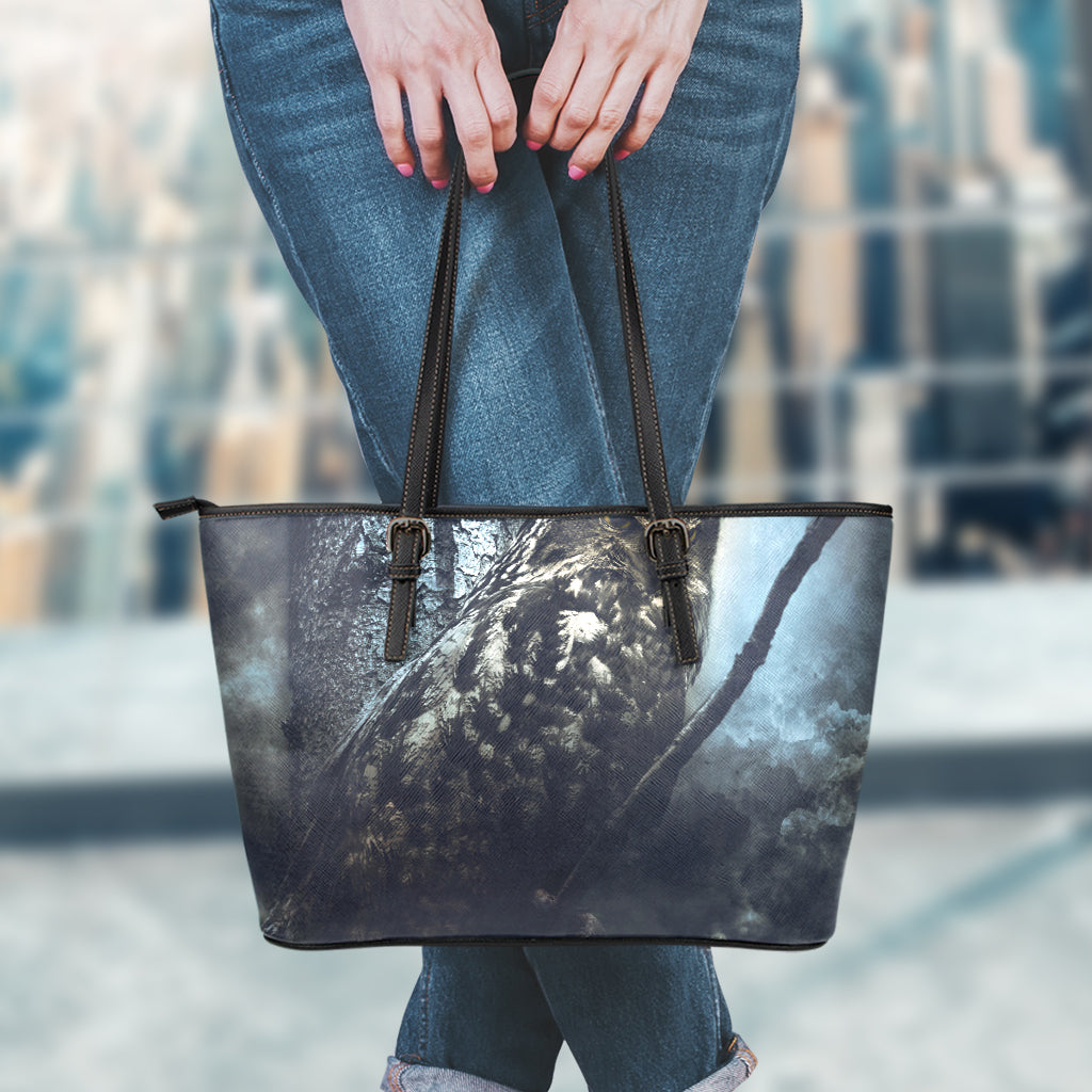 Owl At Night Print Leather Tote Bag