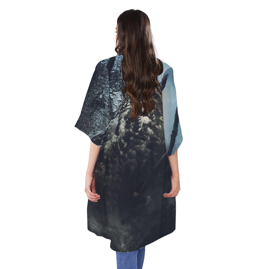 Owl At Night Print Open Front Beach Cover Up