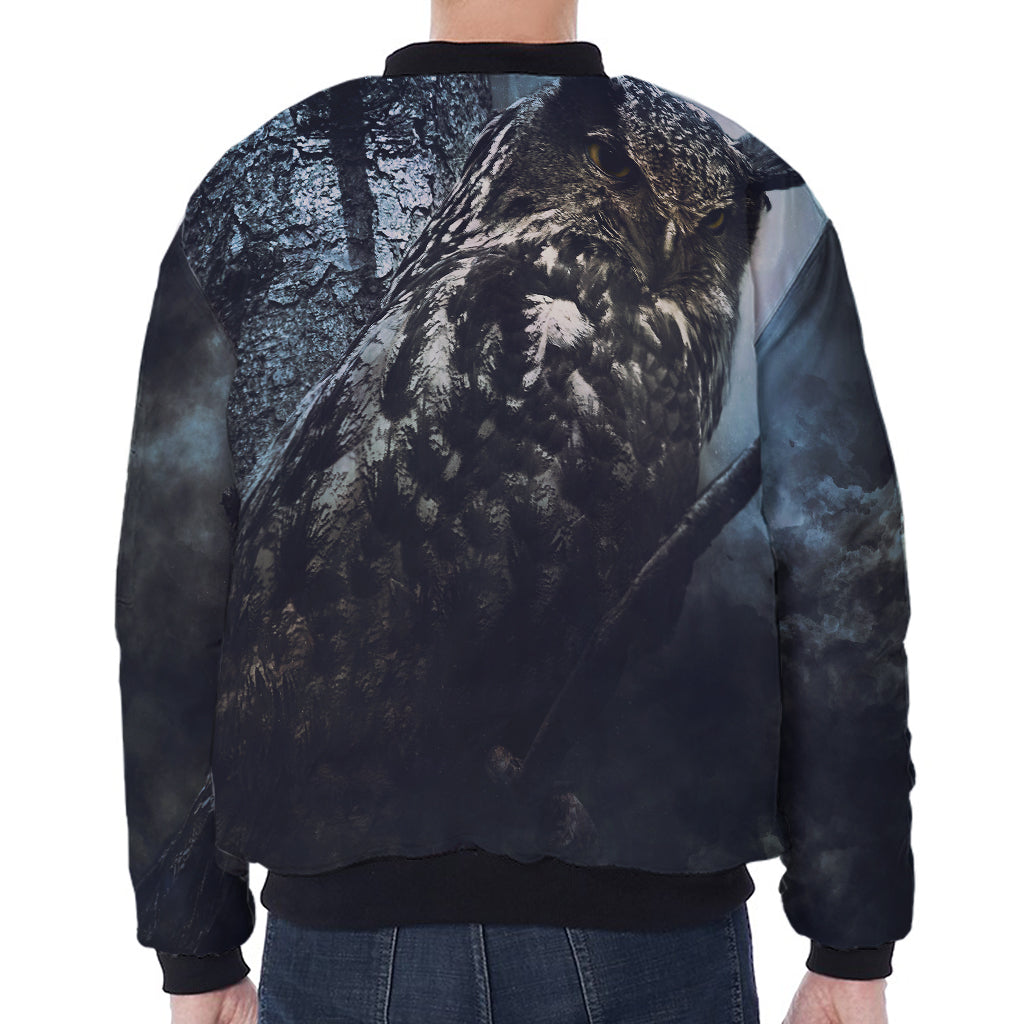 Owl At Night Print Zip Sleeve Bomber Jacket