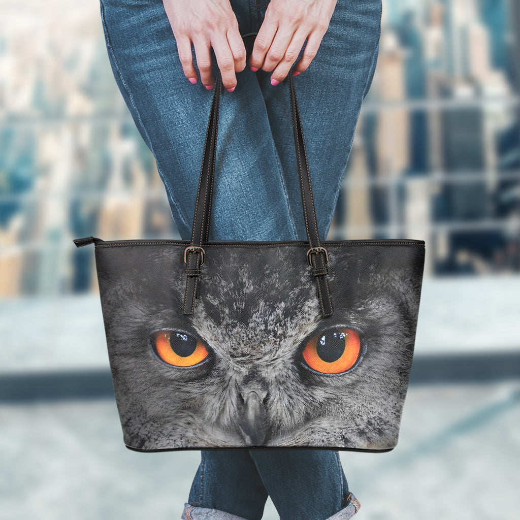 Owl Eyes Print Leather Tote Bag