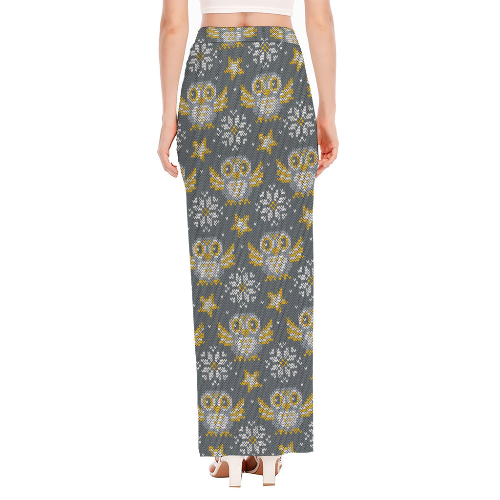 Owl Knitted Pattern Print High Slit Maxi Skirt