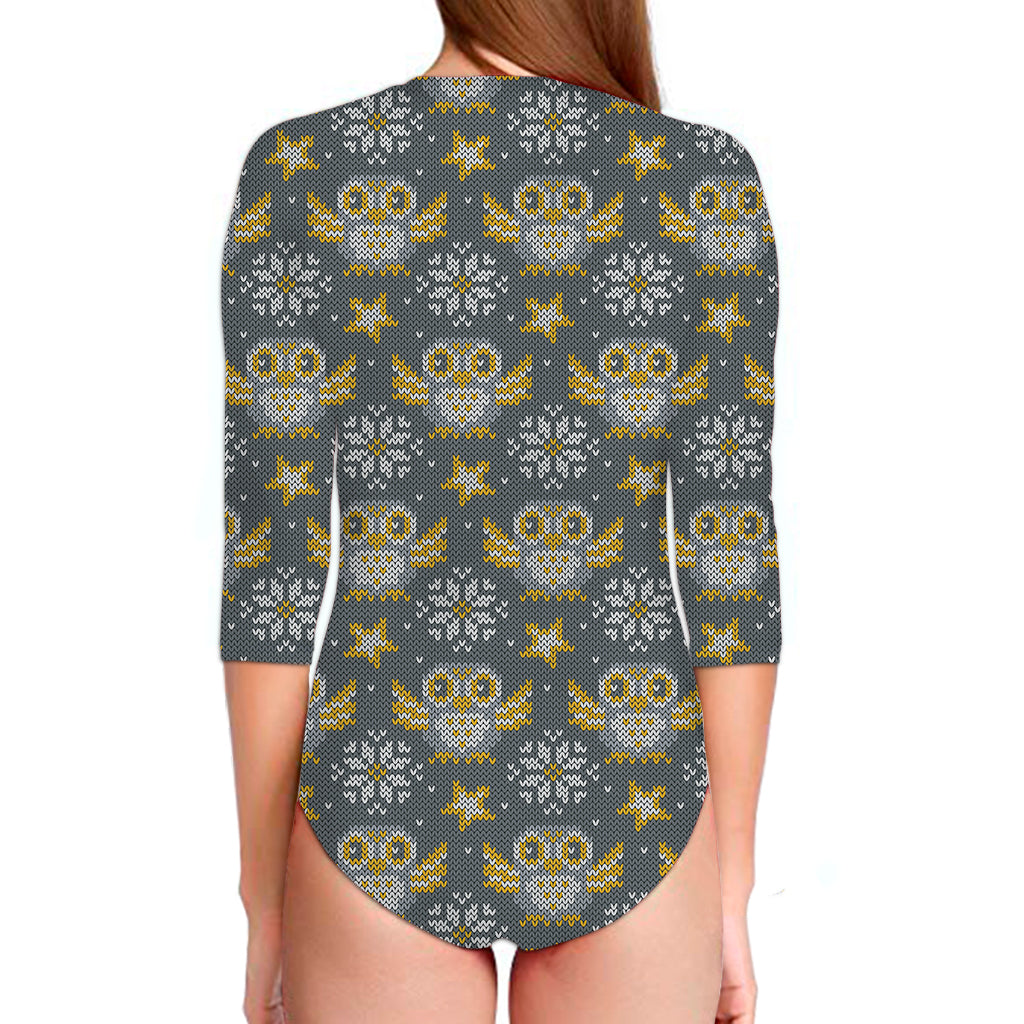 Owl Knitted Pattern Print Long Sleeve Swimsuit