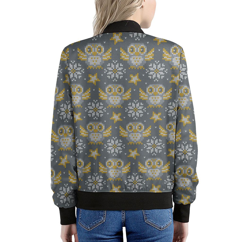 Owl Knitted Pattern Print Women's Bomber Jacket