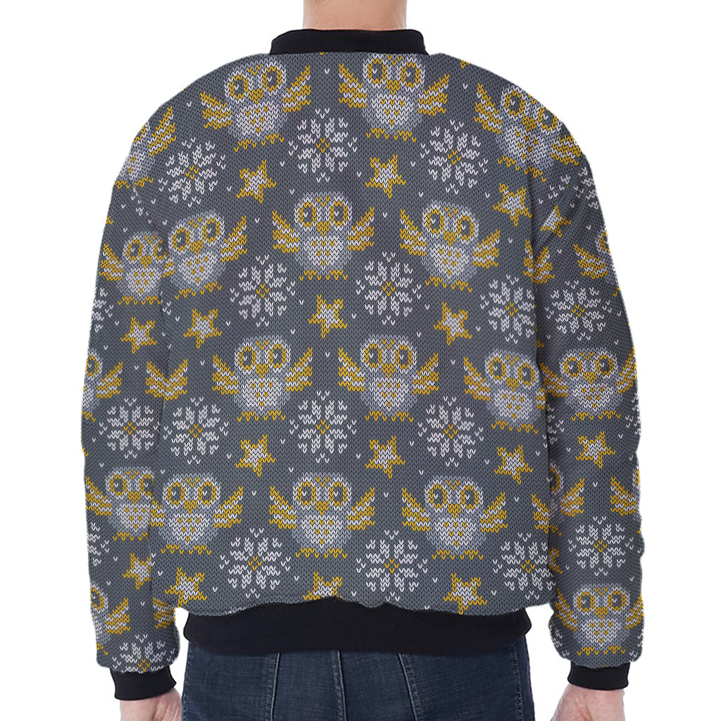 Owl Knitted Pattern Print Zip Sleeve Bomber Jacket