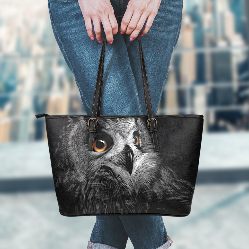 Owl Portrait Print Leather Tote Bag
