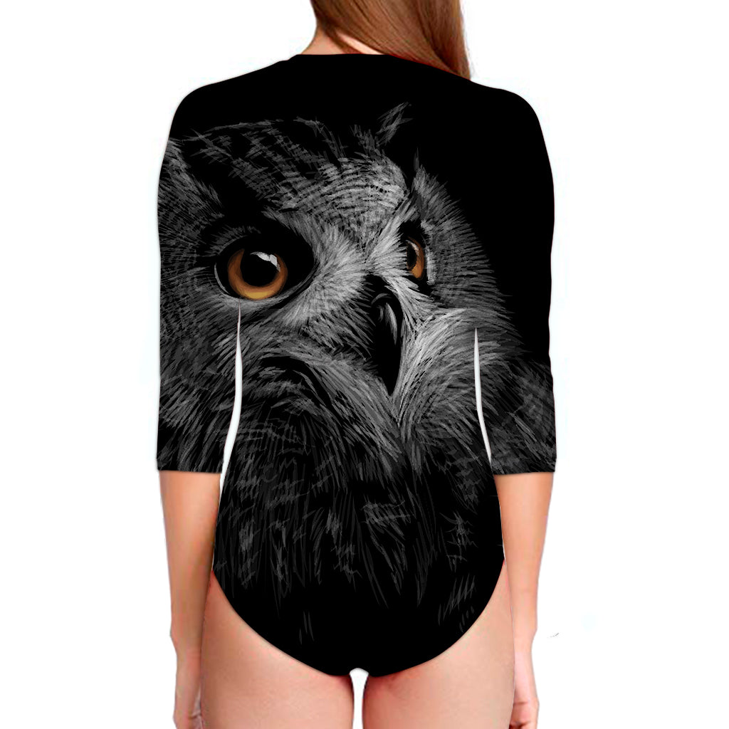 Owl Portrait Print Long Sleeve Swimsuit
