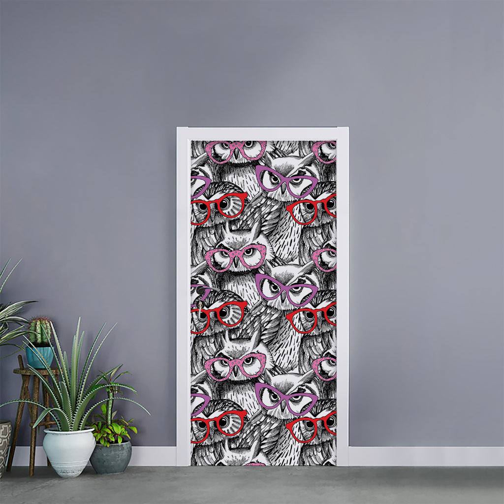 Owl With Glasses Pattern Print Door Sticker