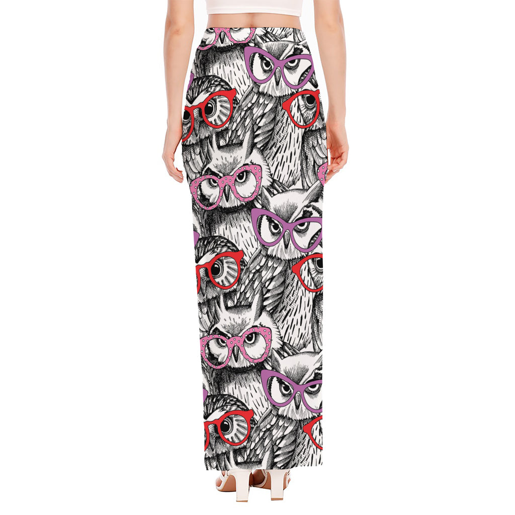 Owl With Glasses Pattern Print High Slit Maxi Skirt