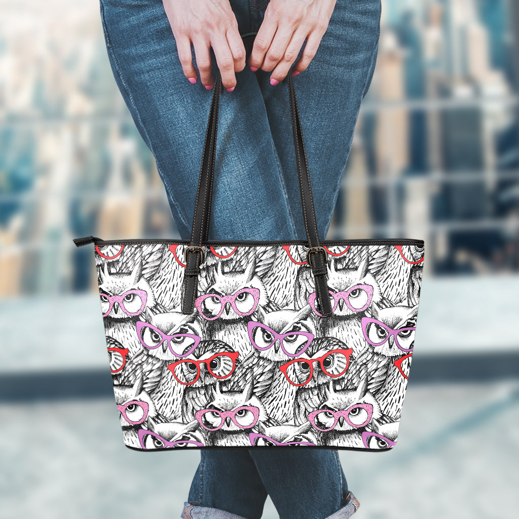 Owl With Glasses Pattern Print Leather Tote Bag