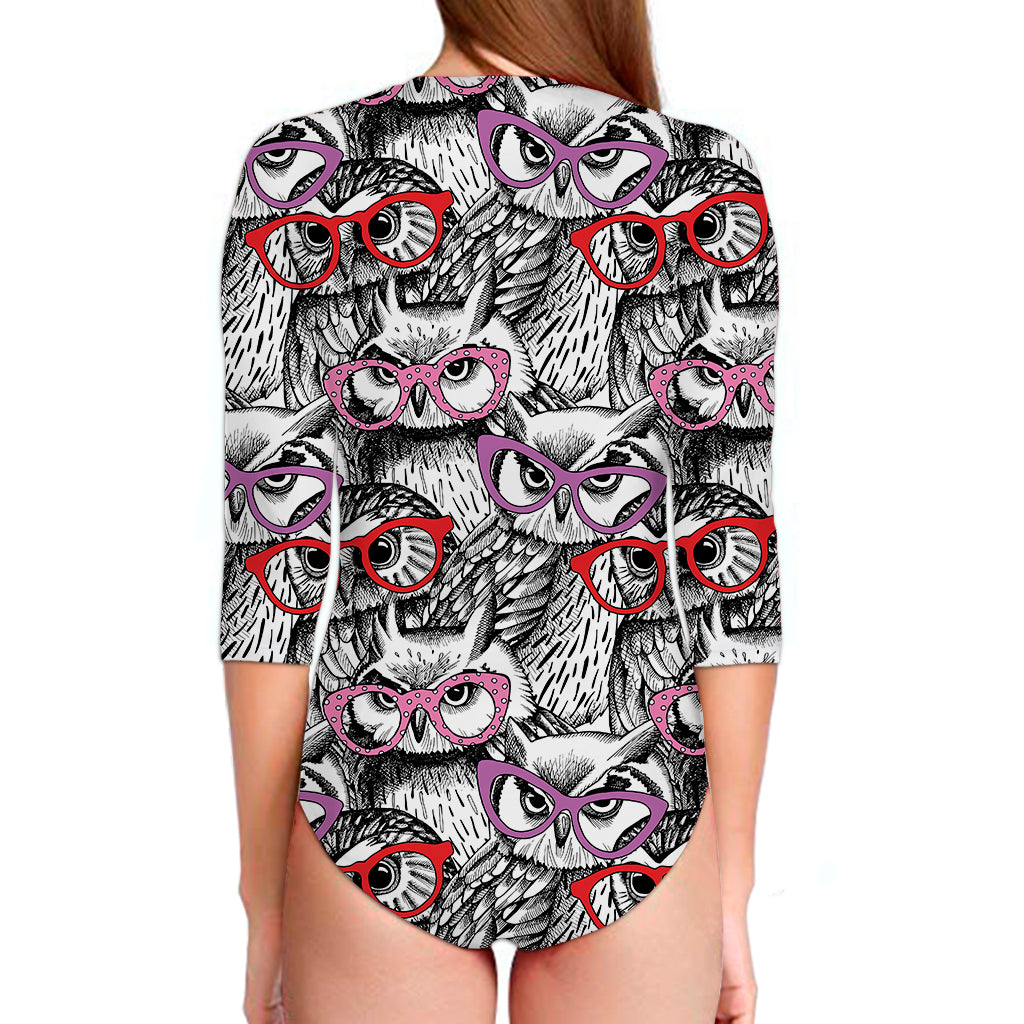 Owl With Glasses Pattern Print Long Sleeve Swimsuit