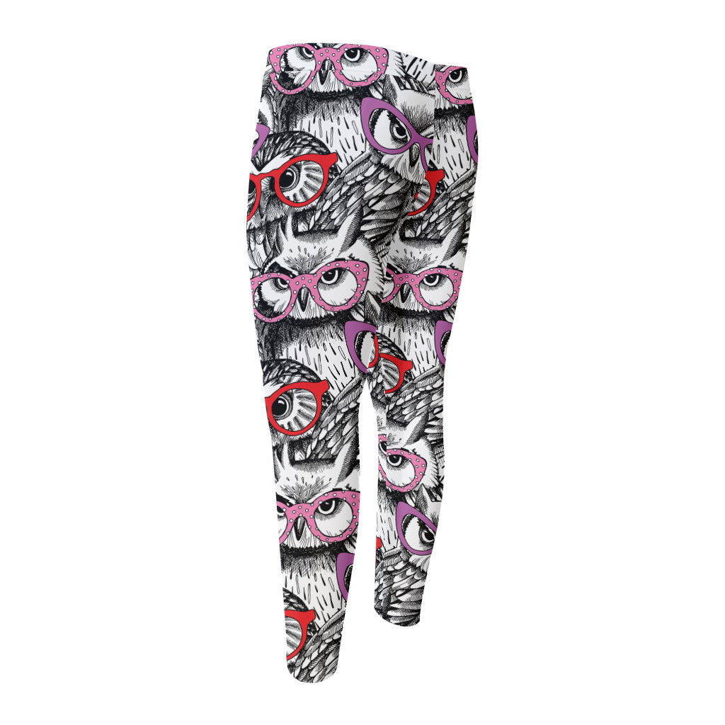 Owl With Glasses Pattern Print Men's Compression Pants