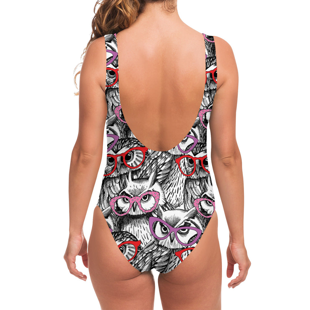 Owl With Glasses Pattern Print One Piece Swimsuit