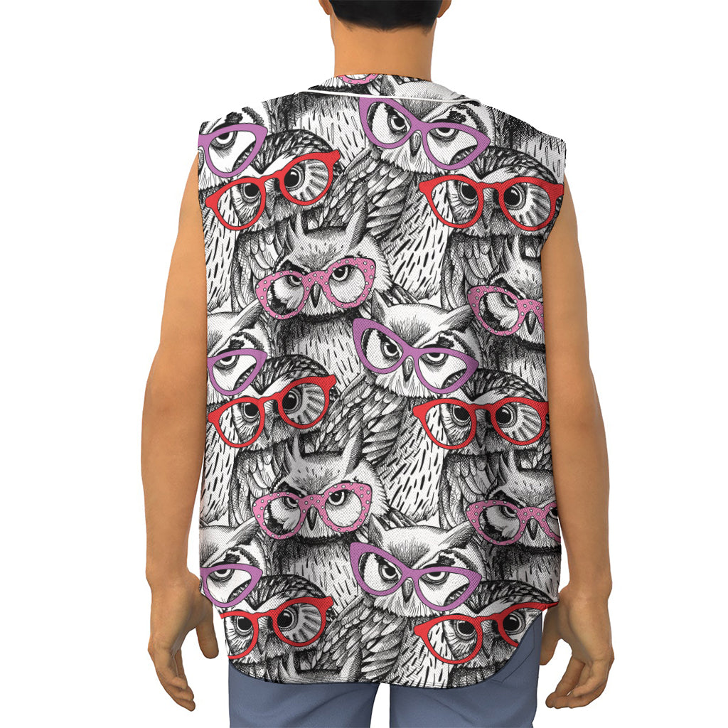 Owl With Glasses Pattern Print Sleeveless Baseball Jersey
