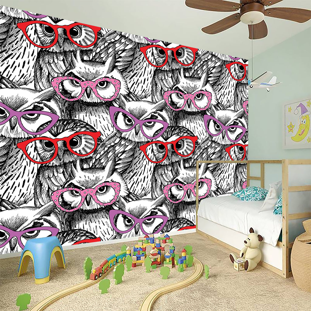 Owl With Glasses Pattern Print Wall Sticker