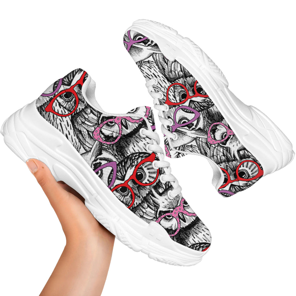 Owl With Glasses Pattern Print White Chunky Shoes