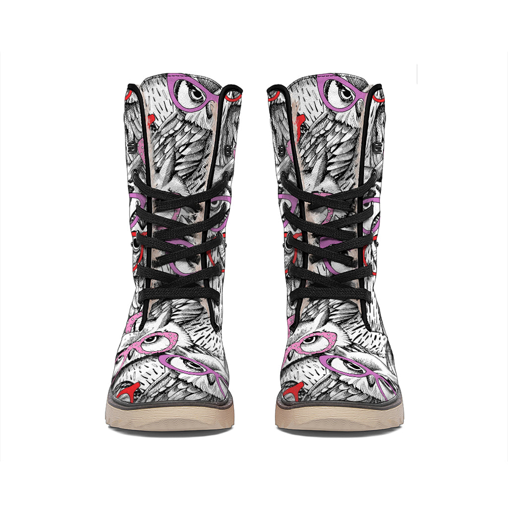 Owl With Glasses Pattern Print Winter Boots