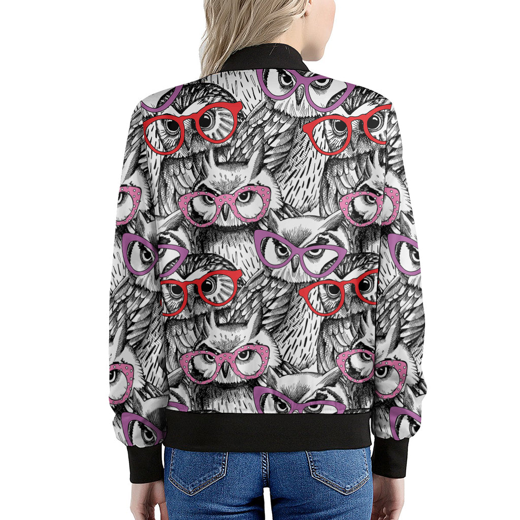 Owl With Glasses Pattern Print Women's Bomber Jacket