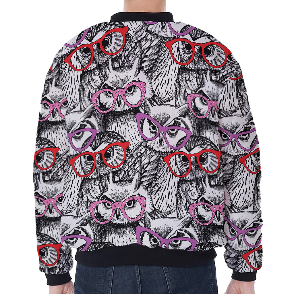Owl With Glasses Pattern Print Zip Sleeve Bomber Jacket