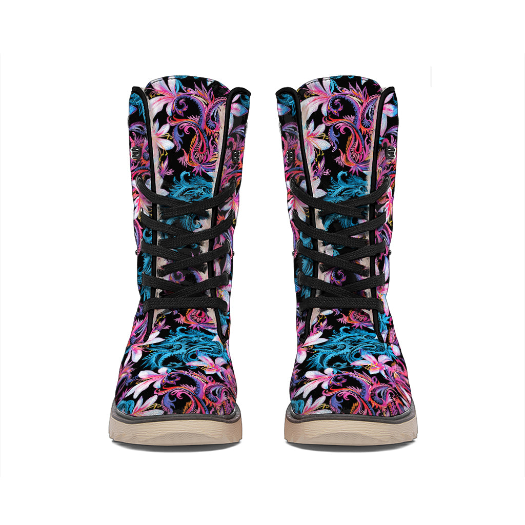 Paisley And Floral Pattern Print Winter Boots