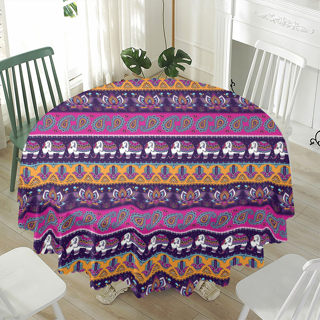 Paisley Elephant Hamsa Pattern Print Waterproof Round Tablecloth