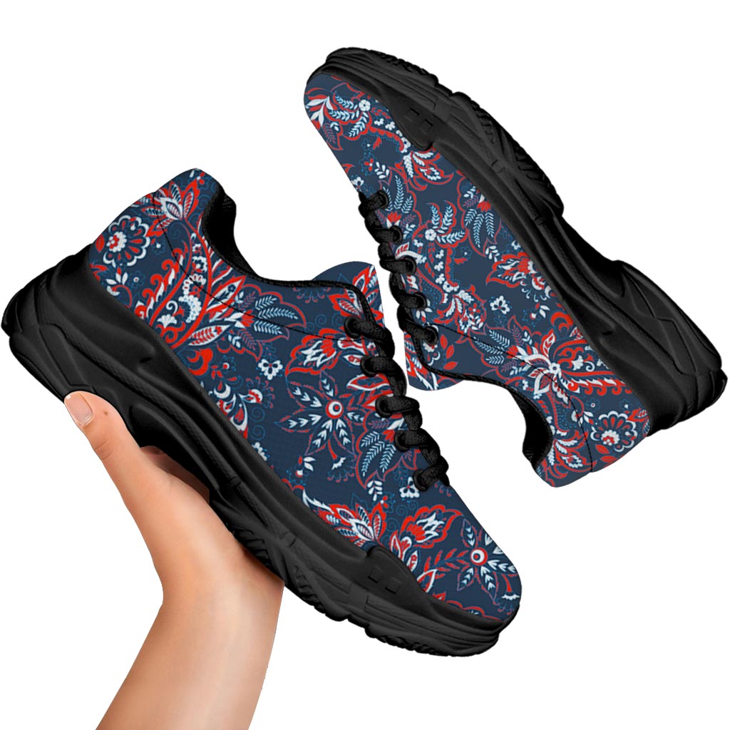 Paisley Floral Bohemian Pattern Print Black Chunky Shoes