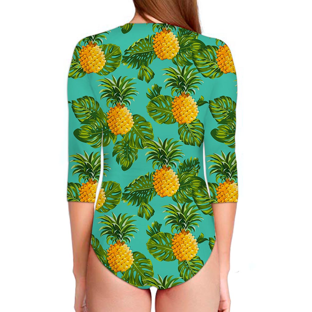 Palm Leaf Pineapple Pattern Print Long Sleeve Swimsuit