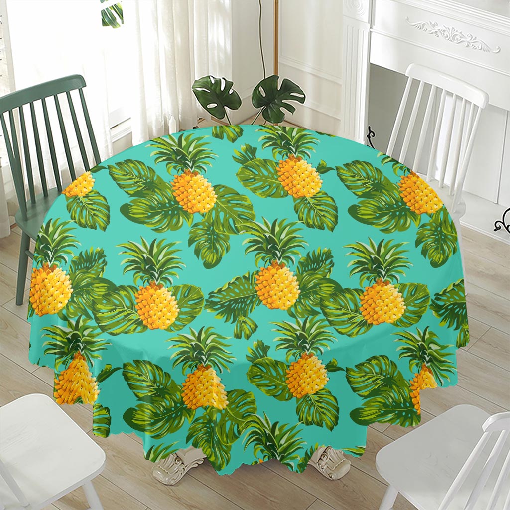 Palm Leaf Pineapple Pattern Print Waterproof Round Tablecloth