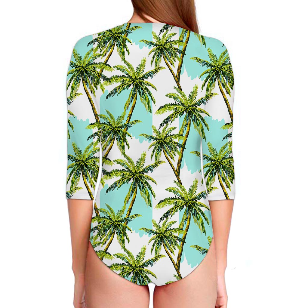 Palm Tree Tropical Pattern Print Long Sleeve Swimsuit