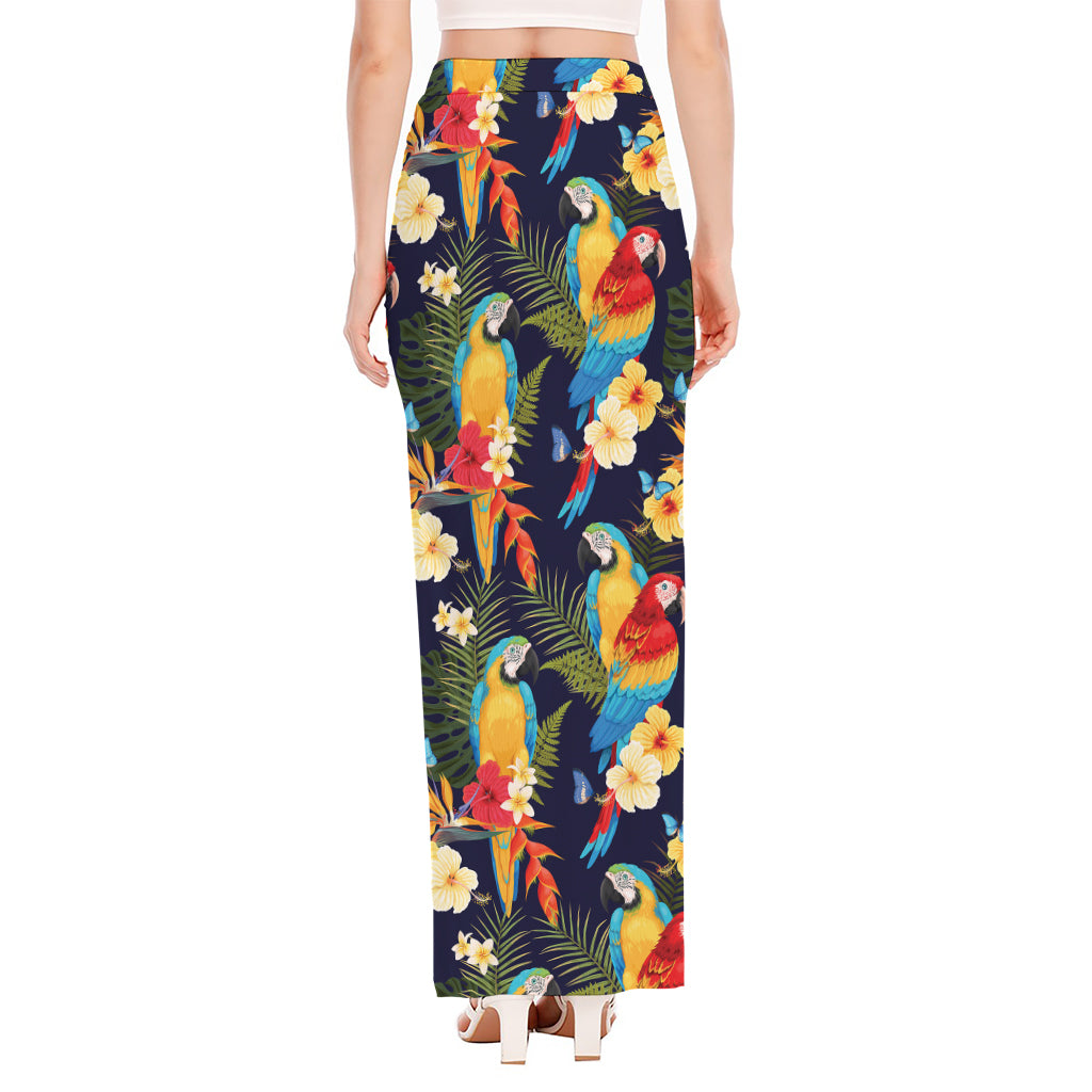 Parrot And Flower Pattern Print High Slit Maxi Skirt