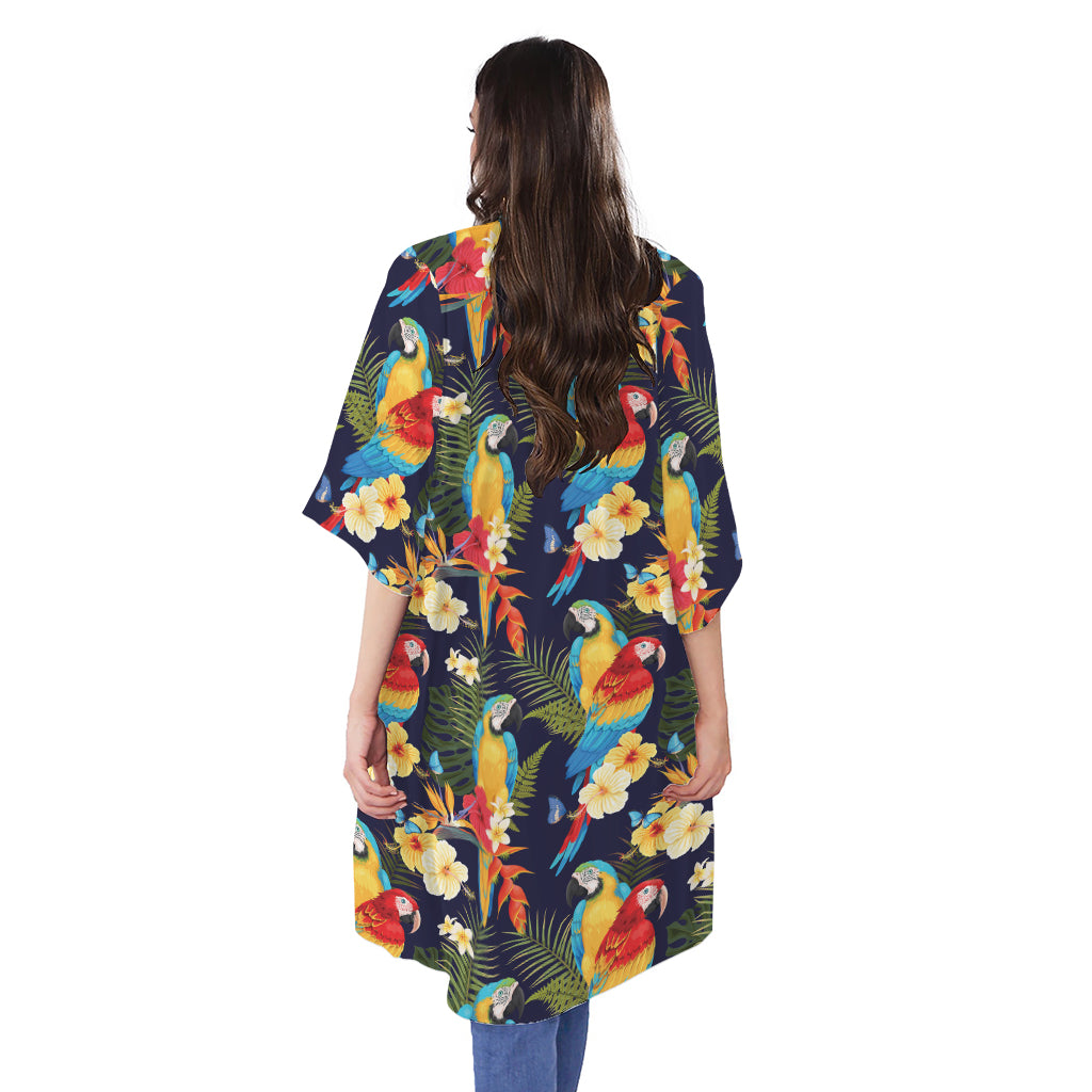 Parrot And Flower Pattern Print Open Front Beach Cover Up