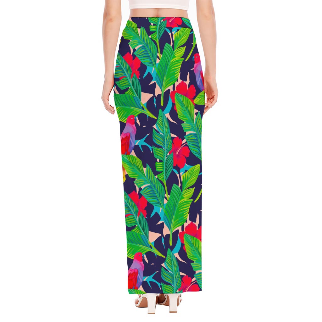 Parrot Banana Leaf Hawaii Pattern Print High Slit Maxi Skirt
