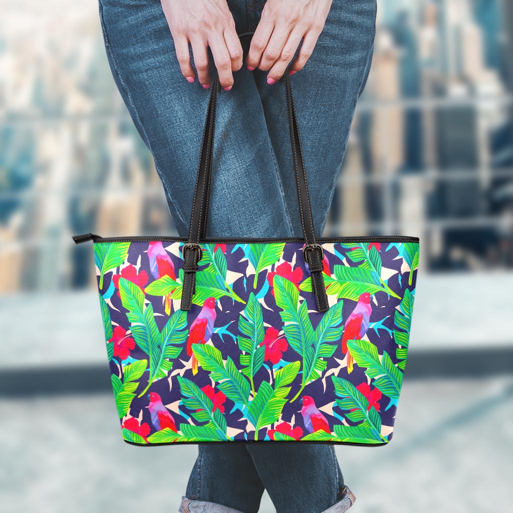Parrot Banana Leaf Hawaii Pattern Print Leather Tote Bag