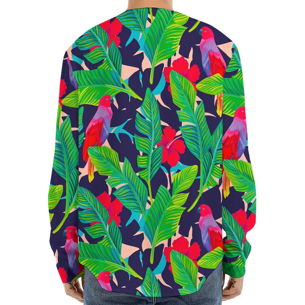 Parrot Banana Leaf Hawaii Pattern Print Long Sleeve Baseball Jersey