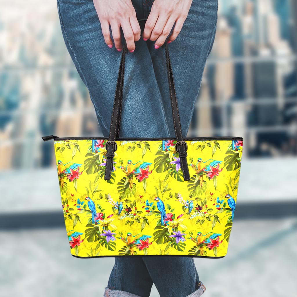Parrot Tropical Pattern Print Leather Tote Bag