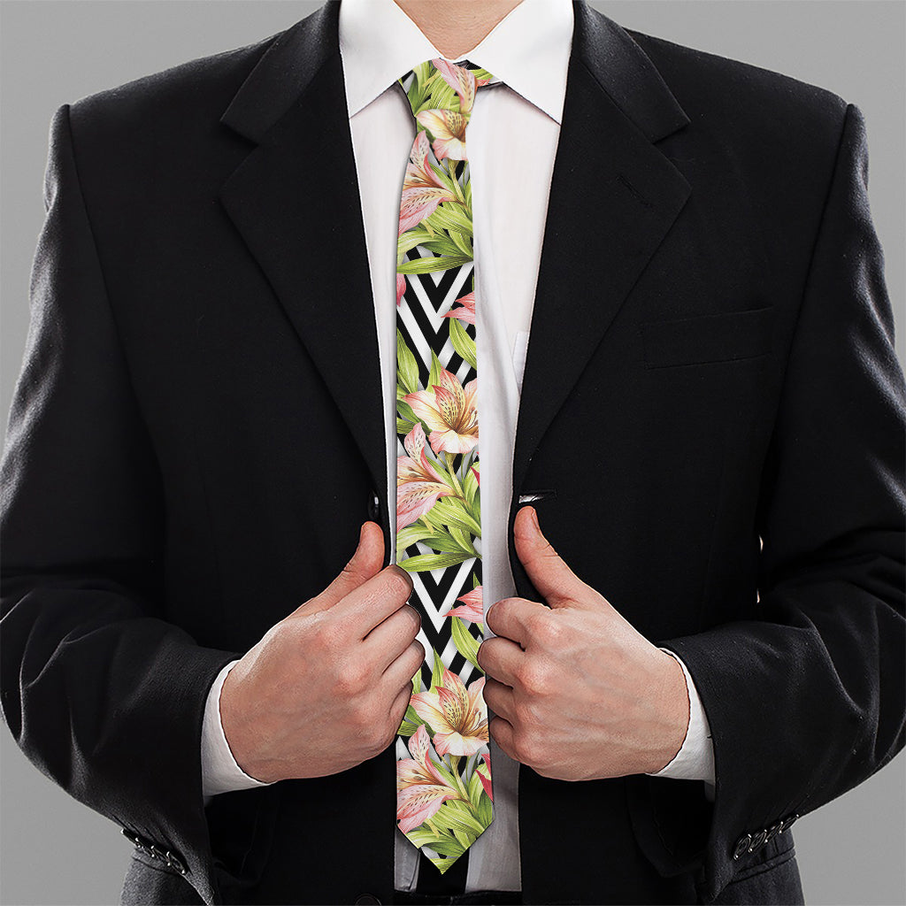 Pastel Alstroemeria Zigzag Pattern Print Necktie