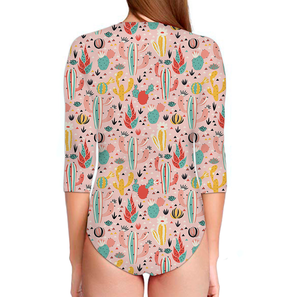 Pastel Cactus And Succulent Print Long Sleeve Swimsuit