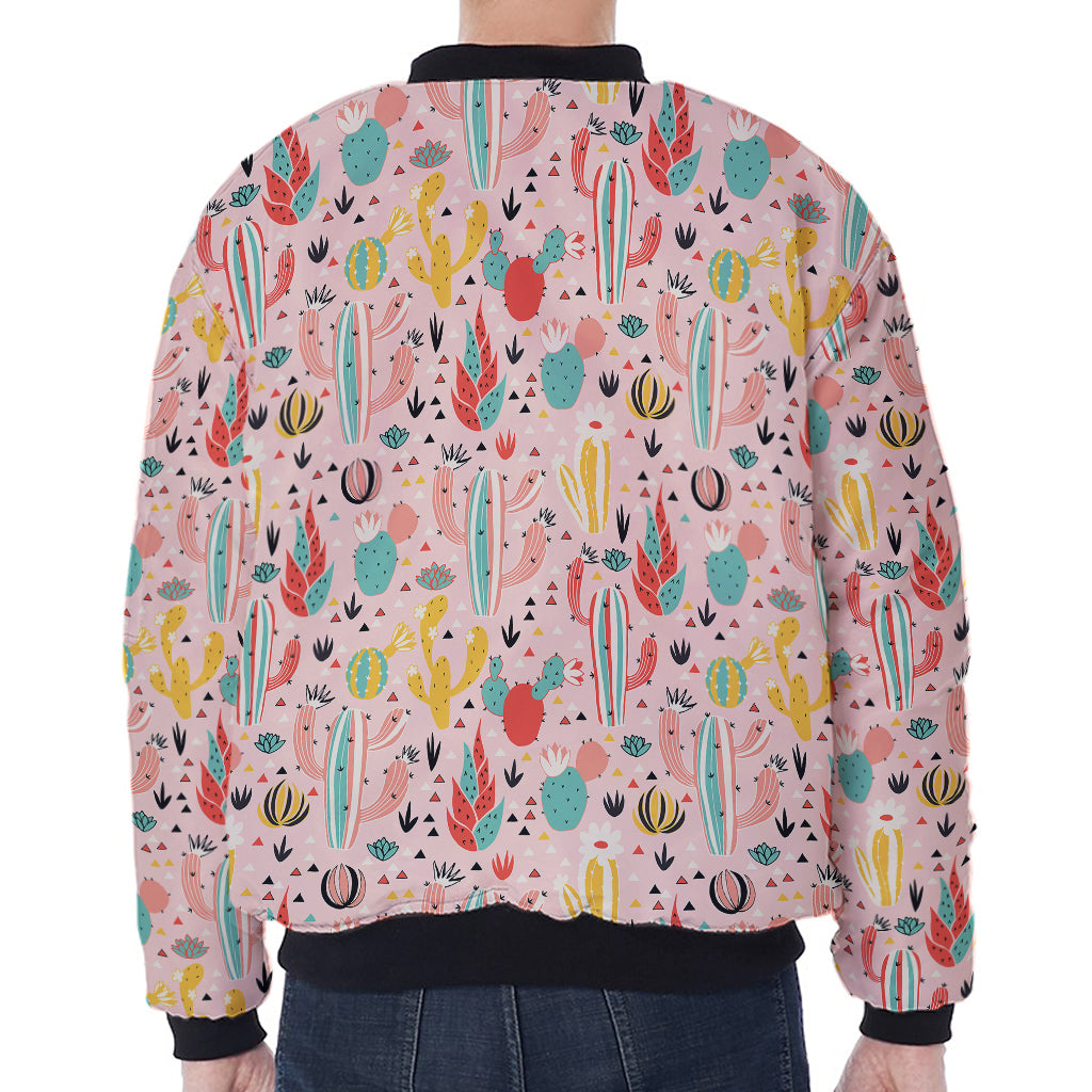Pastel Cactus And Succulent Print Zip Sleeve Bomber Jacket
