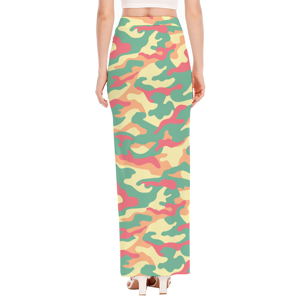 Pastel Camouflage Print High Slit Maxi Skirt