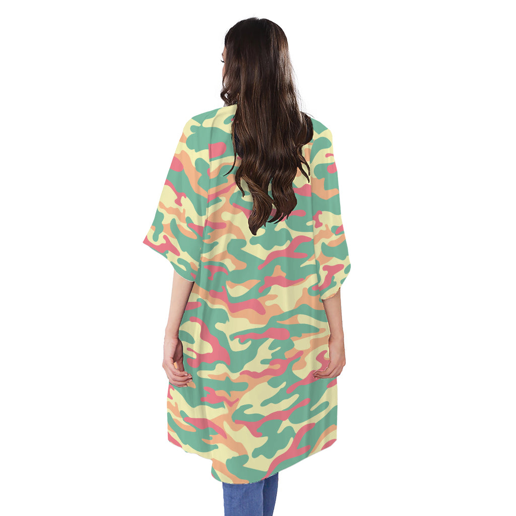 Pastel Camouflage Print Open Front Beach Cover Up