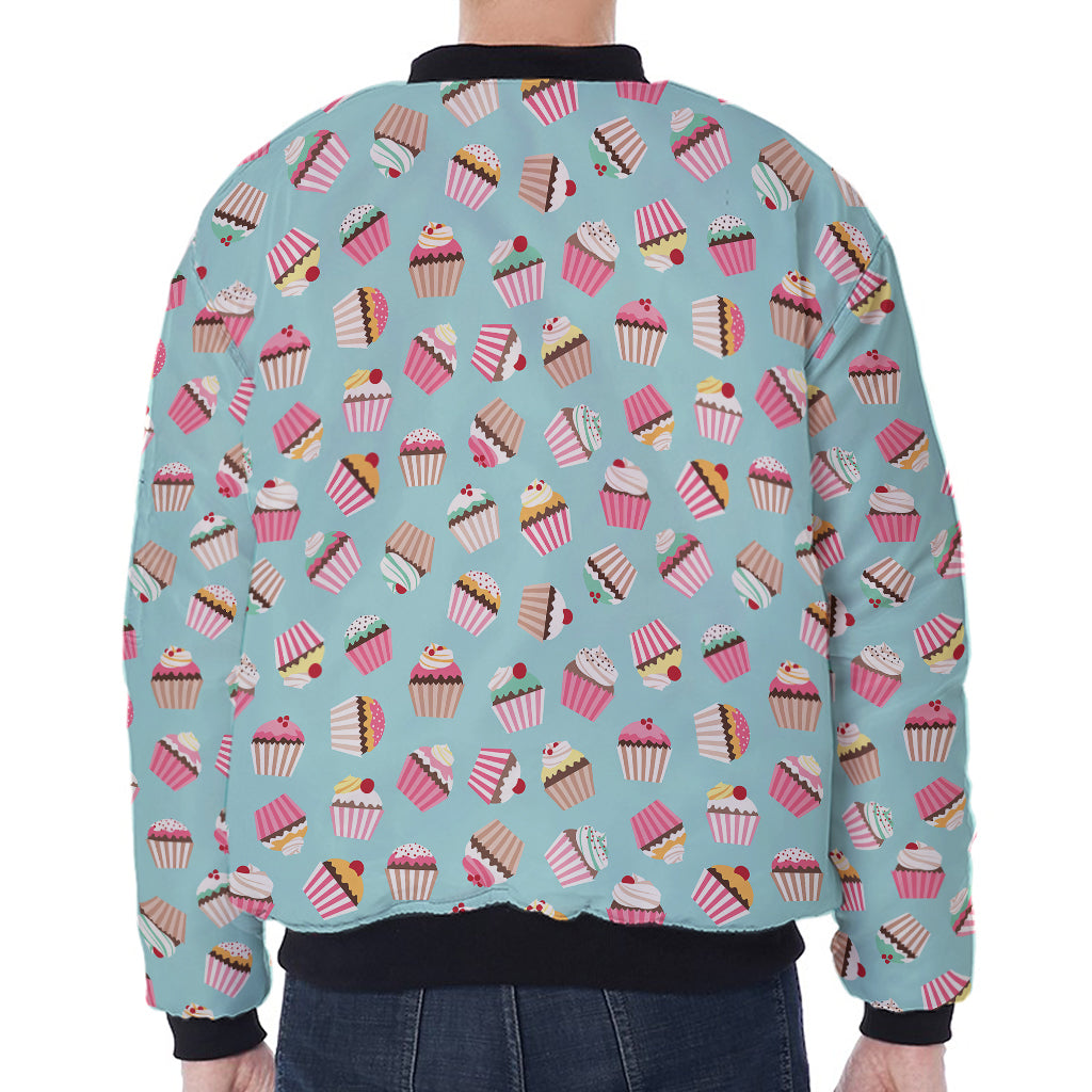Pastel Cupcake Pattern Print Zip Sleeve Bomber Jacket